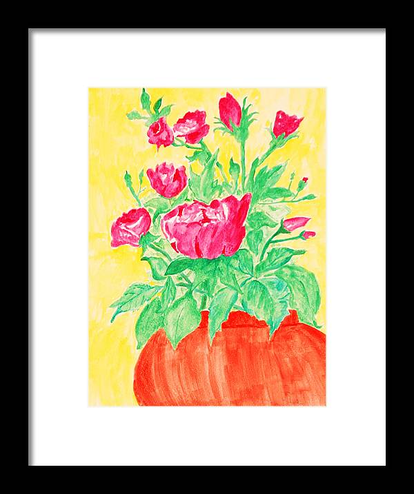 Red Flowers in a Brown vase - Framed Print