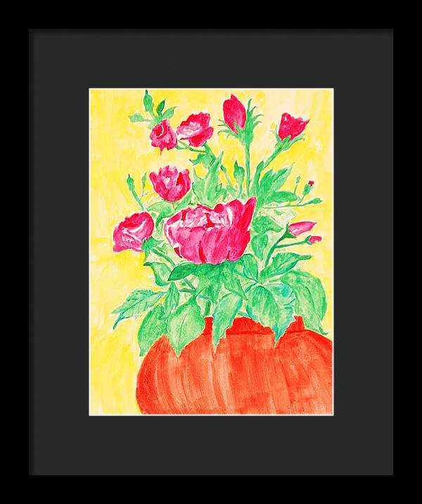 Red Flowers in a Brown vase - Framed Print