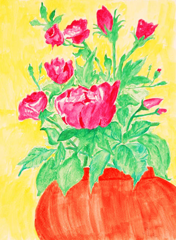 Red Flowers in a Brown vase - Art Print
