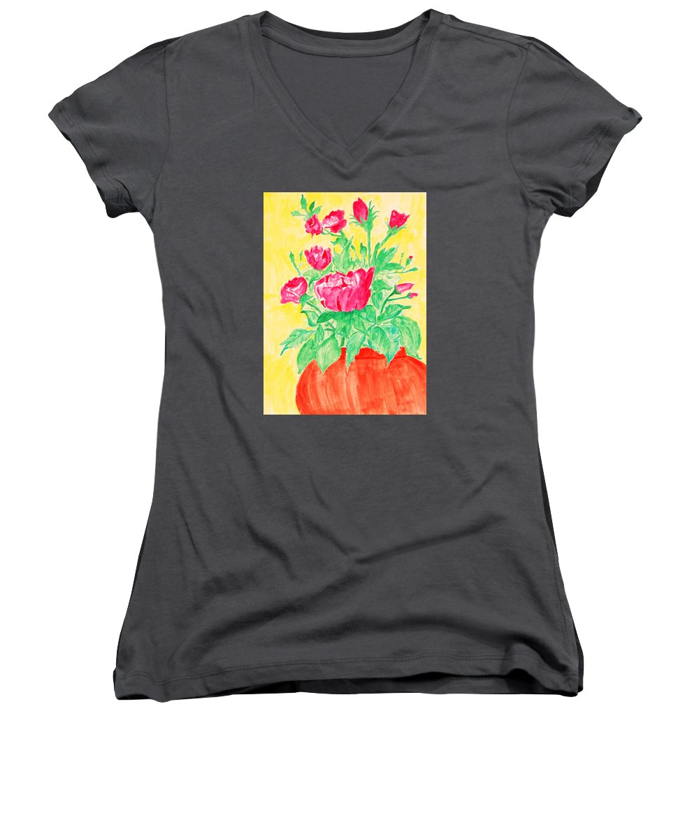 Red Flowers in a Brown vase - Women's V-Neck